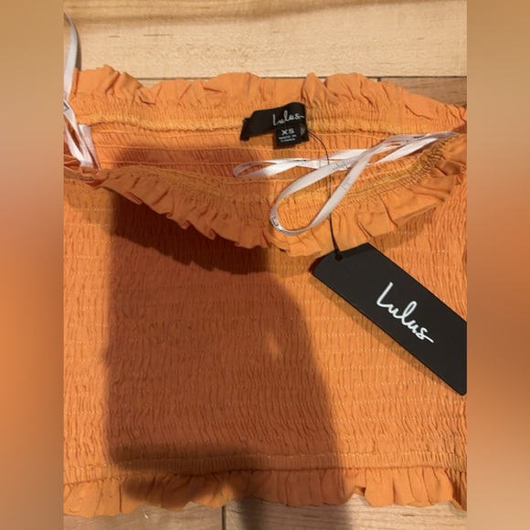 LULU’S SUNNY MOMENTS ORANGE RUFFLED SMOCKED STRAPLESS CROP TOP - Picture 5 of 6